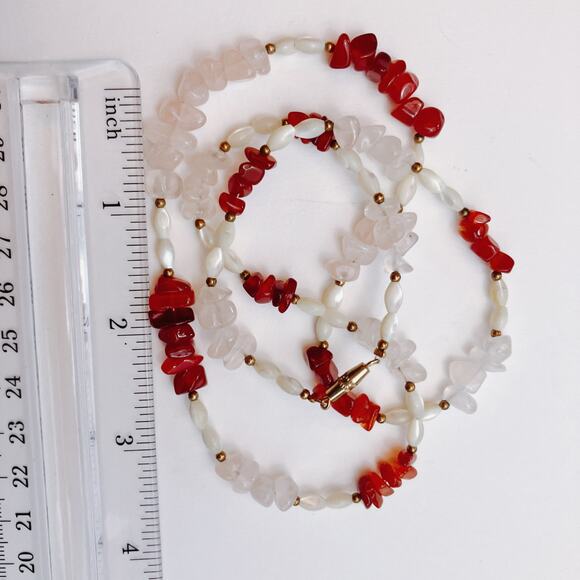 Vintage 90s Gemstone Necklace Carnelian Rose Quartz Shell Beaded Boho 24” - Picture 9 of 15